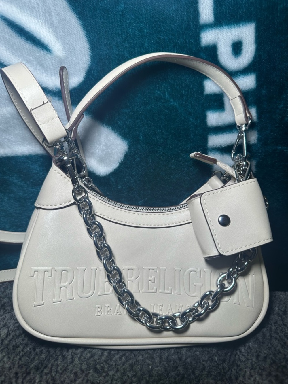 True Religion Cream Shoulder Bag with Silver Chain